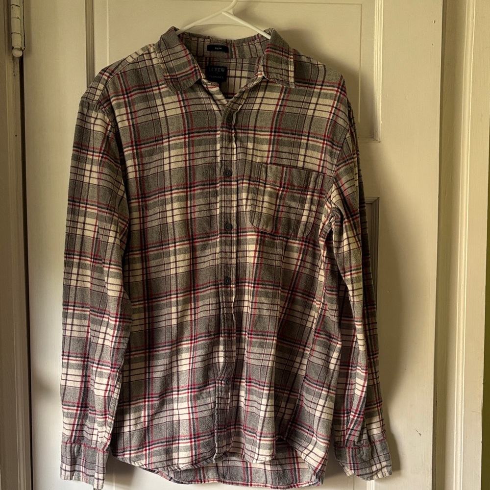 J. Crew Men's Plaid Button-Down Shirt in Cream, Gray & Red
